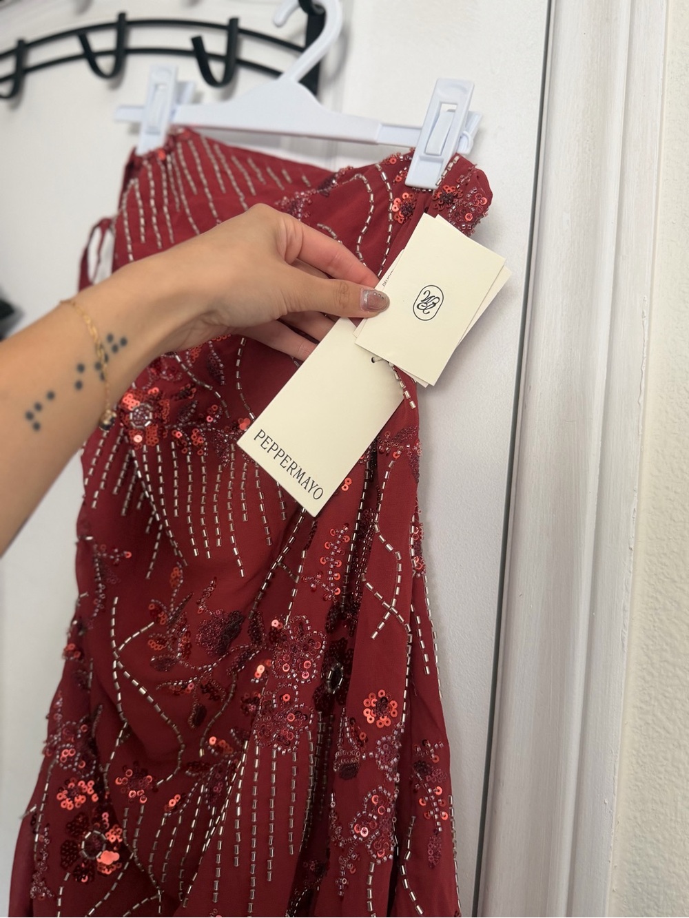Peppermayo One-Shoulder Embellished Mini Dress in Deep Red - Picture 6 of 6